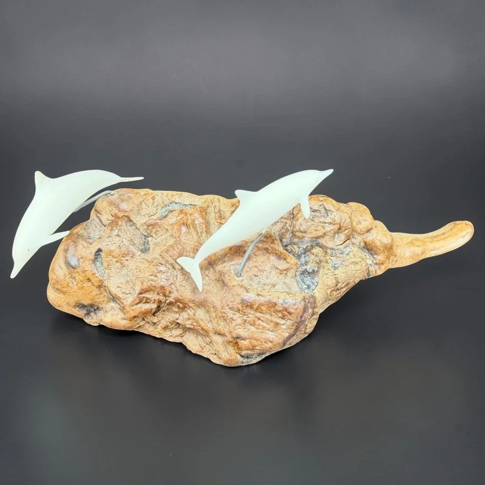 Dolphin Burl Wood Sculpture‎ Two White Dolphins Jumping Coastal Nautical Decor